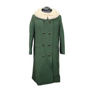 Sycamore Frederick Nelson Green Double Breasted Fur Collar Tweed Coat Women L/XL
